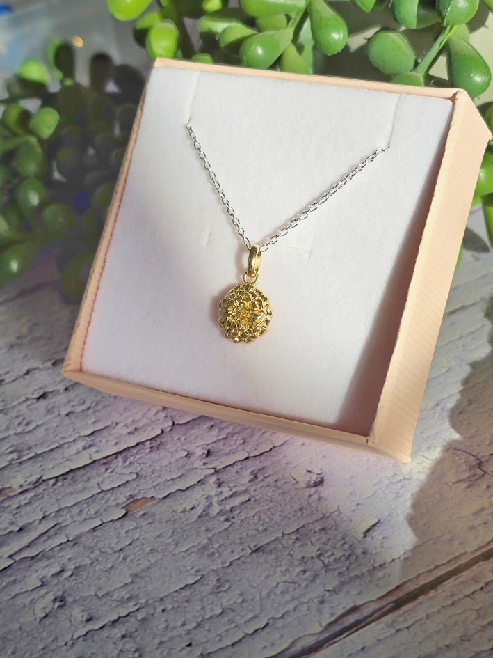 Botanical Design, Marigold Pendant, October Birthday, Gold Pendant, Sterling Silver, Sign of Purity, Nature Inspired, Jewellery Set,