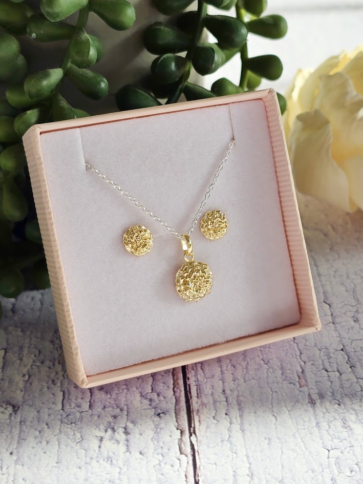 Botanical Design, Marigold Pendant and Earrings, October Birthday, Sterling Silver, Sign of Purity, Nature Inspired, Jewellery Set,