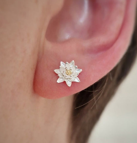 Waterlily sterling silver stud earrings, July birthday, Lily floral earrings