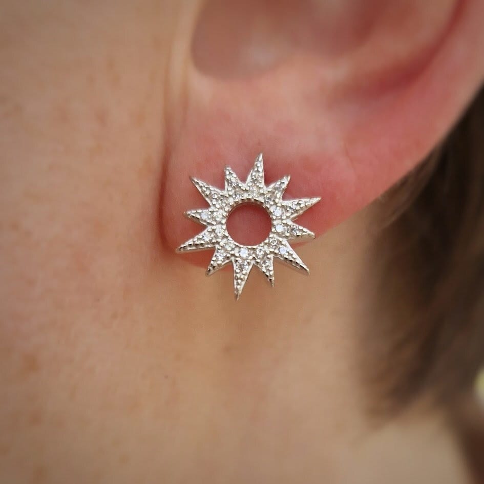 Silver starburst stud earrings, celestial earring, silver studs, cubic zirconia star earrings.