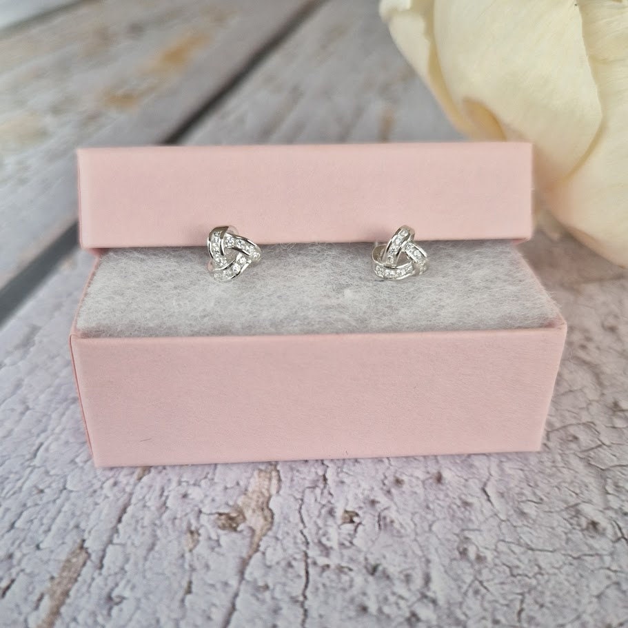 Silver cubic zirconia Love Knot stud earrings, sterling silver, Mother's Day gift