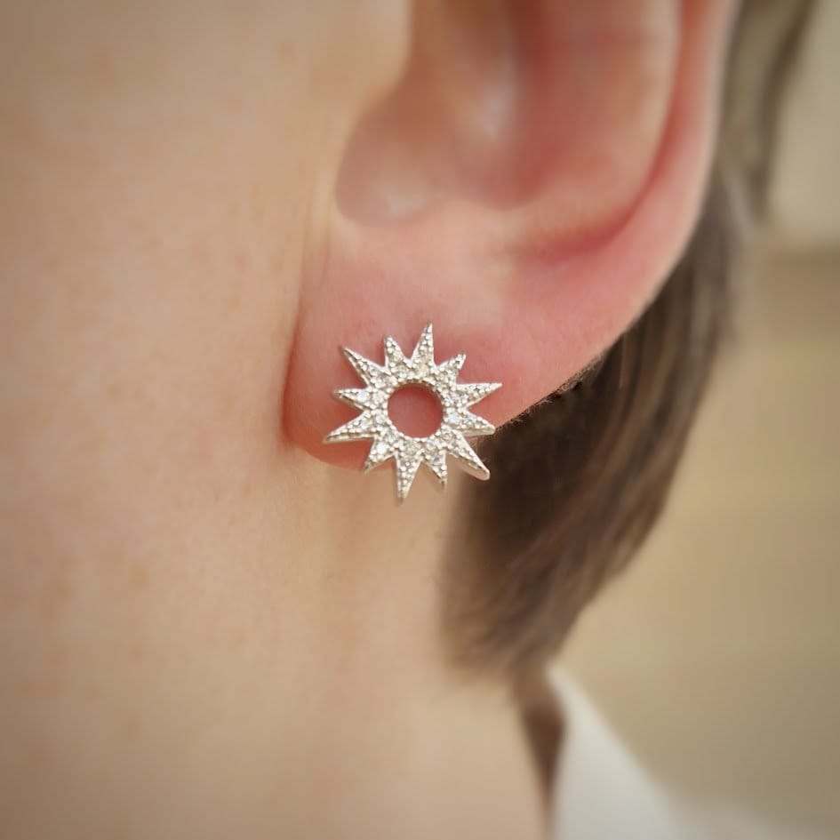 Silver starburst stud earrings, celestial earring, silver studs, cubic zirconia star earrings.