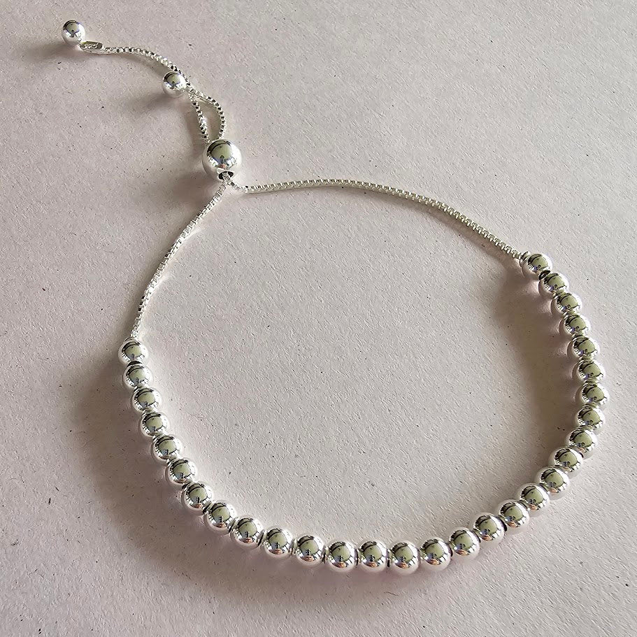 Silver Beaded Bracelet, Sterling Silver Bracelet, Adjustable Bracelet, Boho Bracelet, Stackable Bracelet