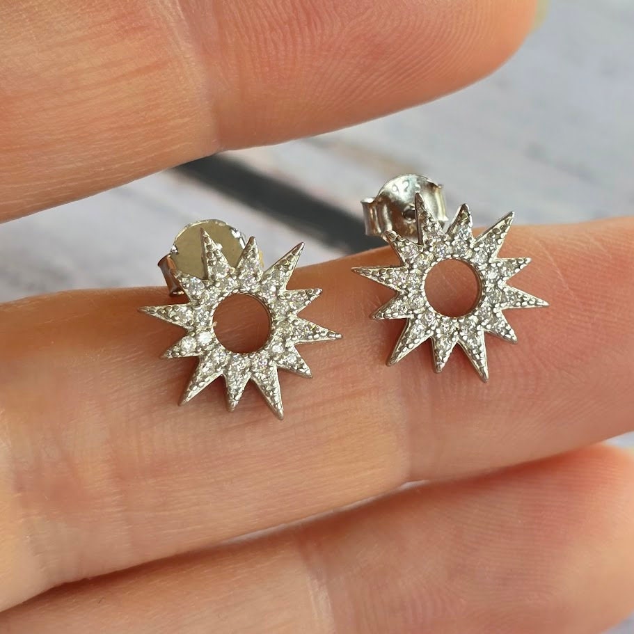 Starburst silver earrings, star earrings, sparkly star earrings, boho earrings, nature inspired earrings