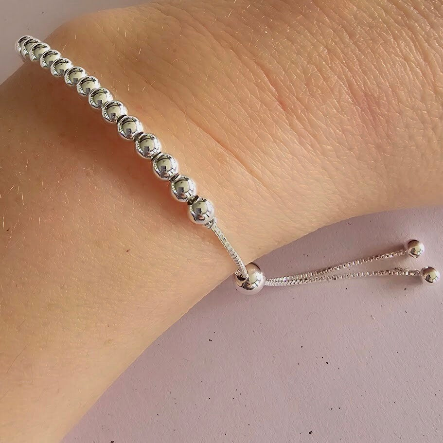 Silver Beaded Bracelet, Sterling Silver Bracelet, Adjustable Bracelet, Boho Bracelet, Stackable Bracelet