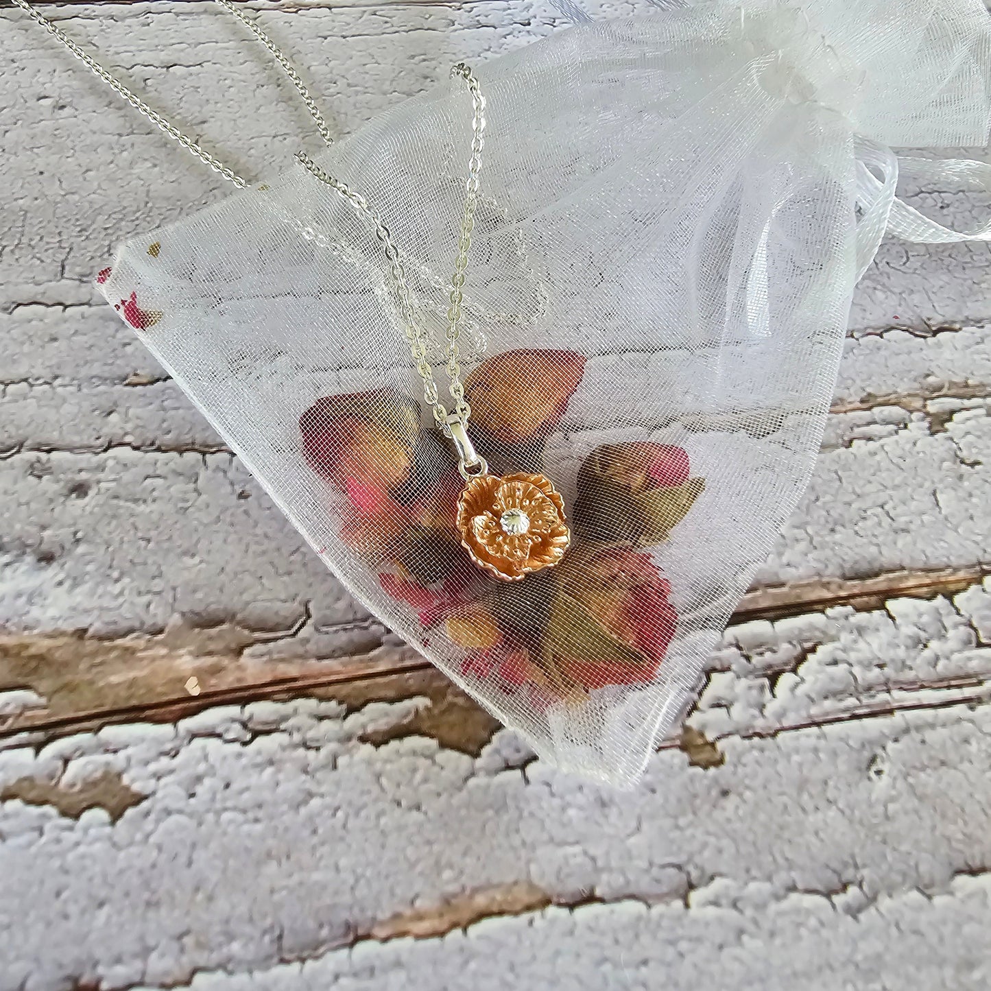 Botanical Design, Poppy Pendant, August Birthday, Symbol of Remembrance, Rose gold and Silver Poppy, Nature Inspired