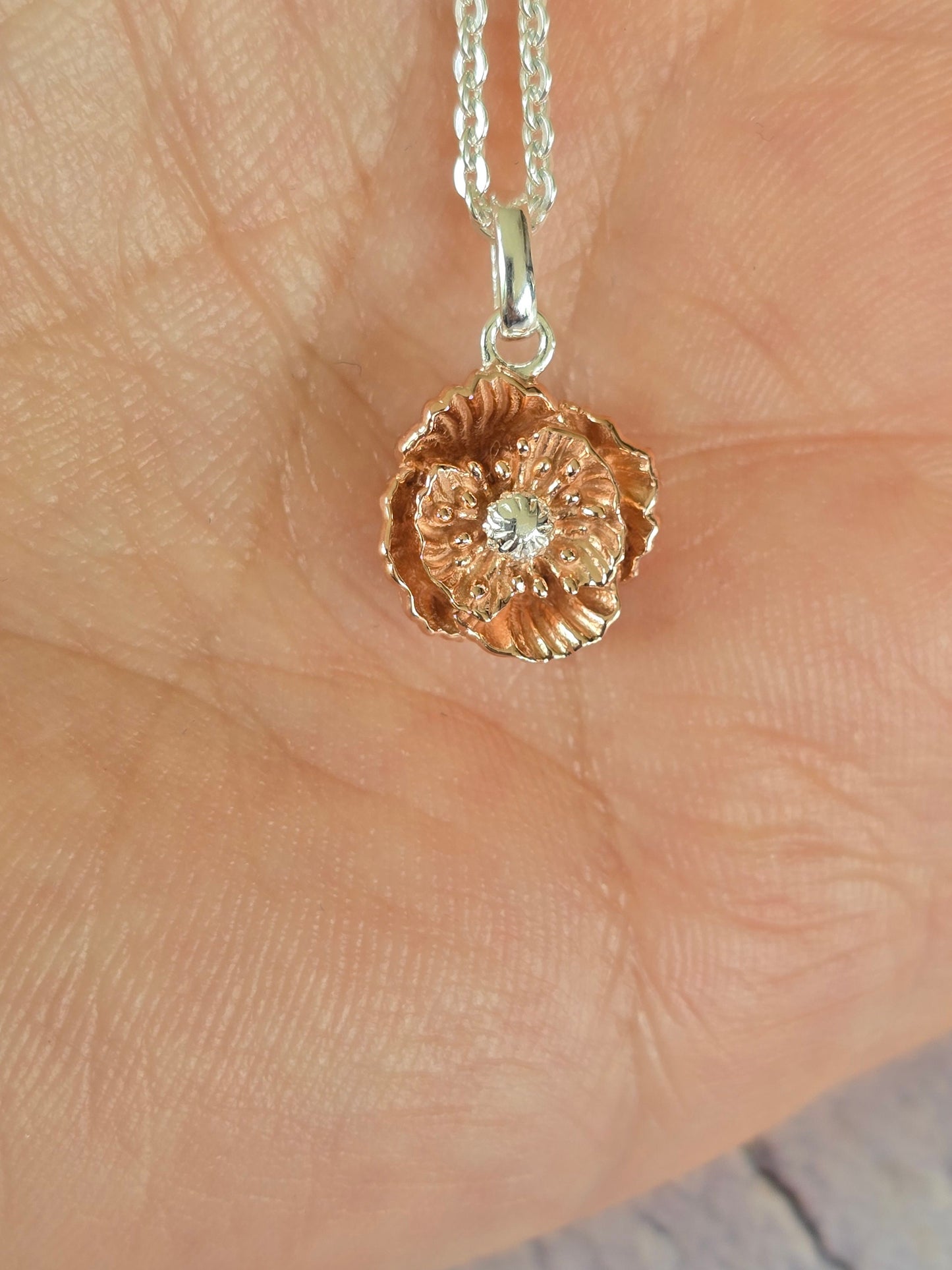 Botanical Design, Poppy Pendant, August Birthday, Symbol of Remembrance, Rose gold and Silver Poppy, Nature Inspired