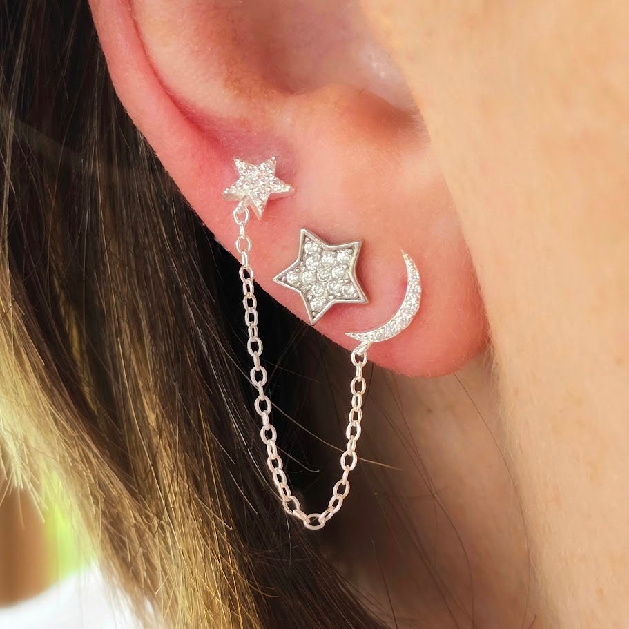 Dainty cubic zirconia set moon and star drop chain, silver double stud and drop chain, boho earrings, star and moon earrings.