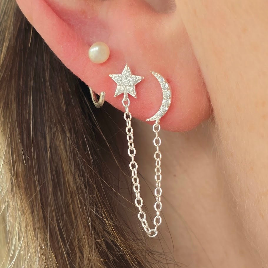 Dainty cubic zirconia set moon and star drop chain, silver double stud and drop chain, boho earrings, star and moon earrings.