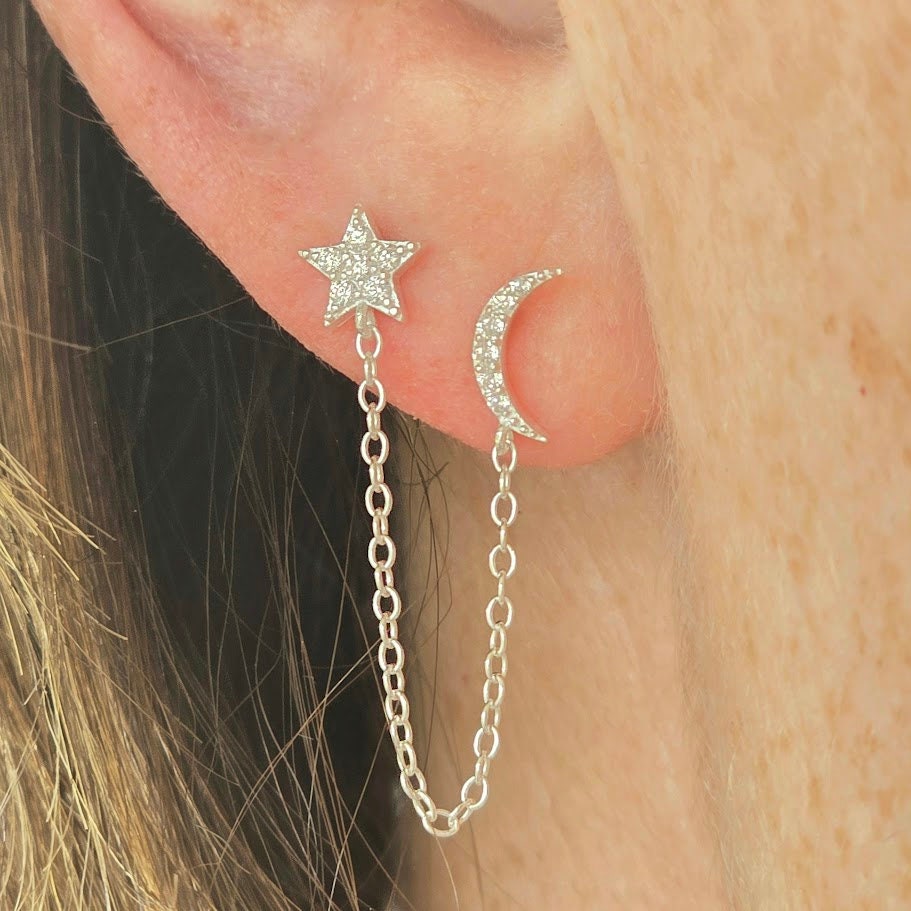 Dainty cubic zirconia set moon and star drop chain, silver double stud and drop chain, boho earrings, star and moon earrings.