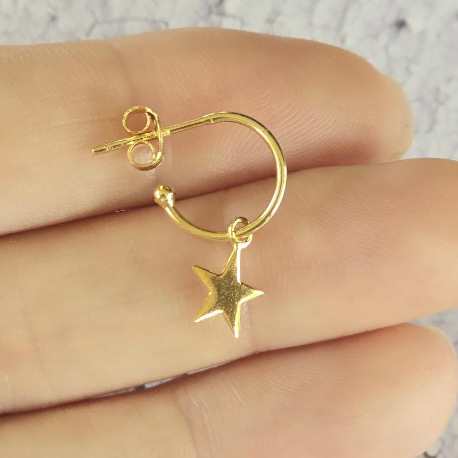 Dainty moon and star asymmetric hoops, gold moon and star hoops, silver hoops, celestial jewellery, minimalist earrings.