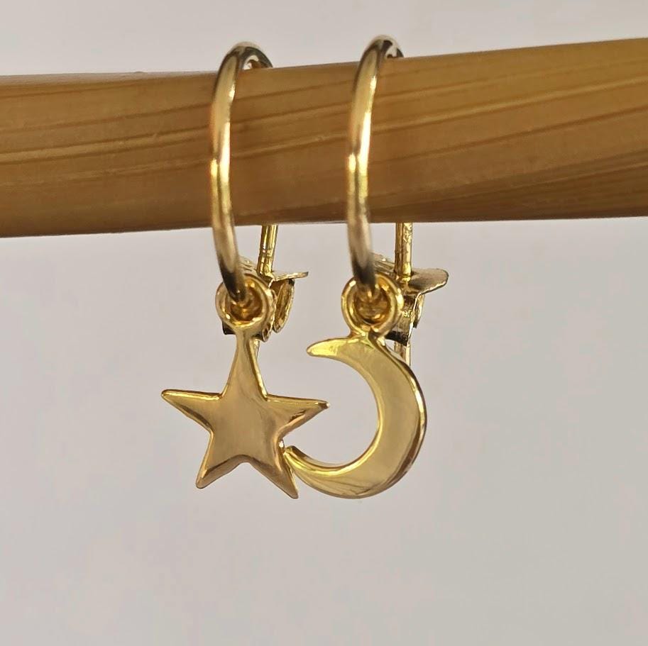 Dainty moon and star asymmetric hoops, gold moon and star hoops, silver hoops, celestial jewellery, minimalist earrings.