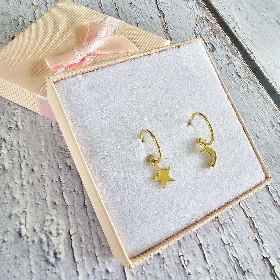 Dainty moon and star asymmetric hoops, gold moon and star hoops, silver hoops, celestial jewellery, minimalist earrings.