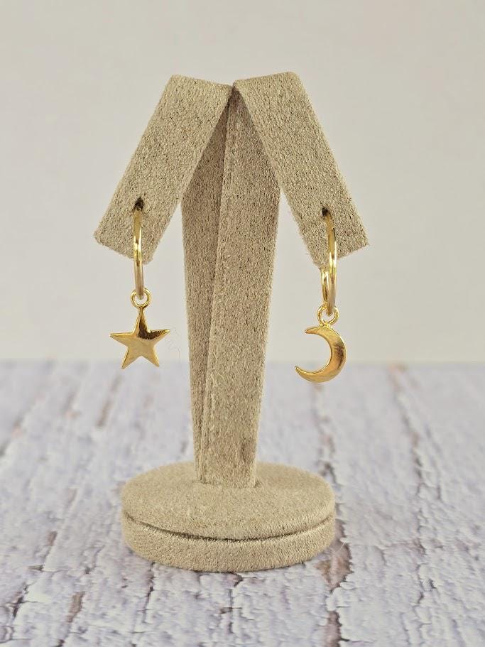 Dainty moon and star asymmetric hoops, gold moon and star hoops, silver hoops, celestial jewellery, minimalist earrings.