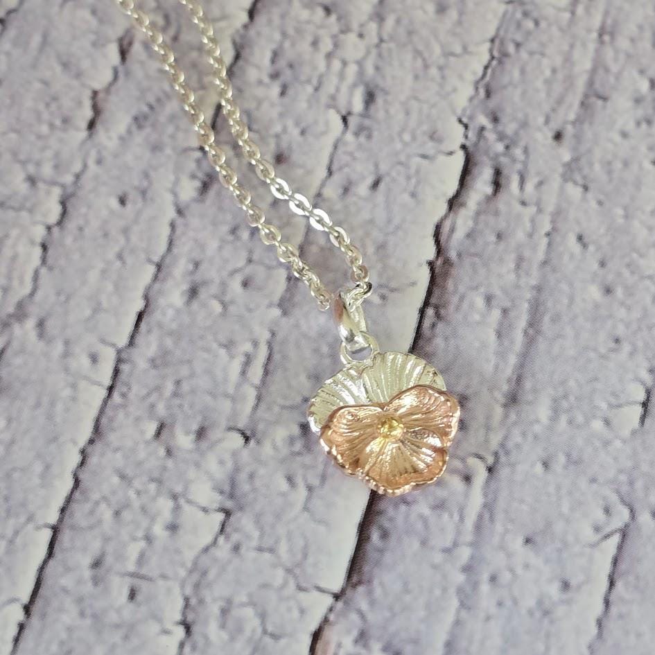 Violet 925 Silver Rose Gold Pendant, February Birthday, Floral Pendant, Botanical Design, Sign of Purity, Dainty Jewellery, Gift for Her