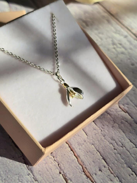 Two-Tone Sterling Silver & Gold Snowdrop Necklace, Nature-Inspired Floral Jewellery, Dainty Pendant, Unique Gift, February Birthday