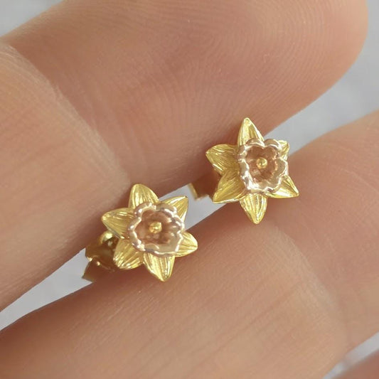 Botanical Design, Daffodil Earrings, Gold Earrings, Sterling Silver, Two Tone Jewellery, March Birthday, Nature Inspired