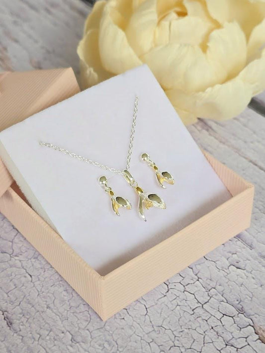 Two-Tone Sterling Silver & Gold Snowdrop Set, Nature-Inspired Floral Jewellery, Dainty Jewellery, Unique Gift, February Birthday